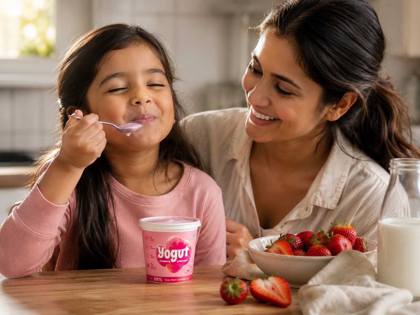 Parent and child with strawberry yogurt